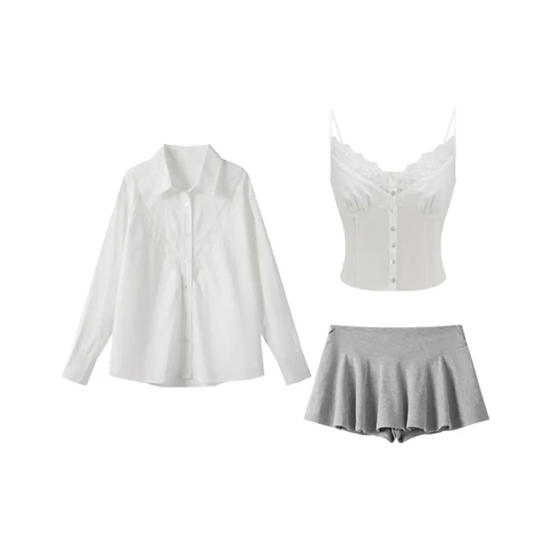 XIAOJUCHUANLI Skirt Set Women's White Three Piece Set-0