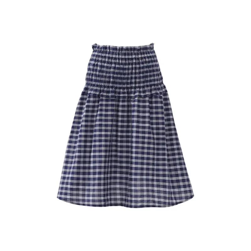 Kazakhstan Casual Long Skirt Women's Blue White Plaid-0