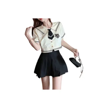 Garbege Uniforms Women's Set Apricot Shirt Bib+Black Skirt