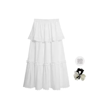 TUSHIFEI Casual Long Skirt Women's White+Hair Tie Comes With