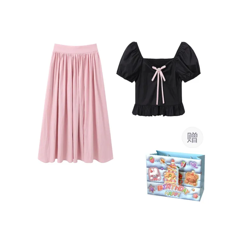 BRASS SCOUT Skirt Set Women's Black Top+Pink Skirt-0