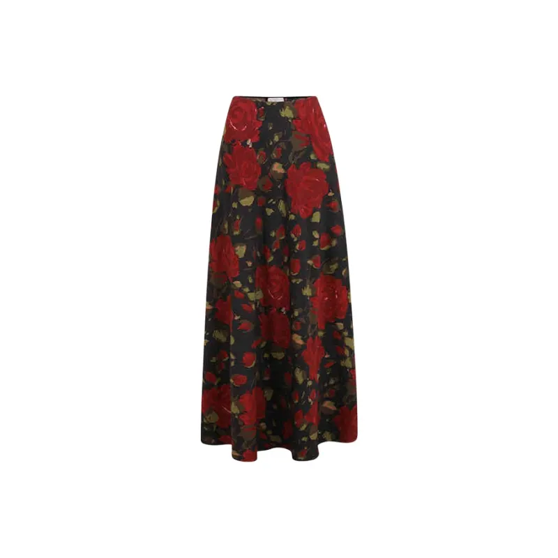 Selkie Collection SS25 Casual Long Skirts Women's Red Rose Print In The Black Night-0