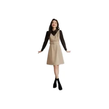 Mo Han Yi Mei Long Sleeved Dress Women's Apricot & Coffee