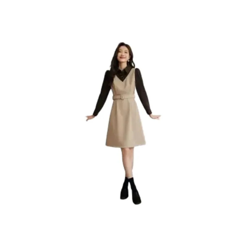 Mo Han Yi Mei Long Sleeved Dress Women's Apricot & Coffee-0