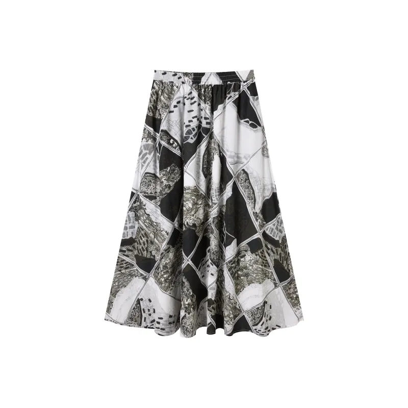 DIALOGUE Casual Long Skirts Women's Black White Arts Print-0