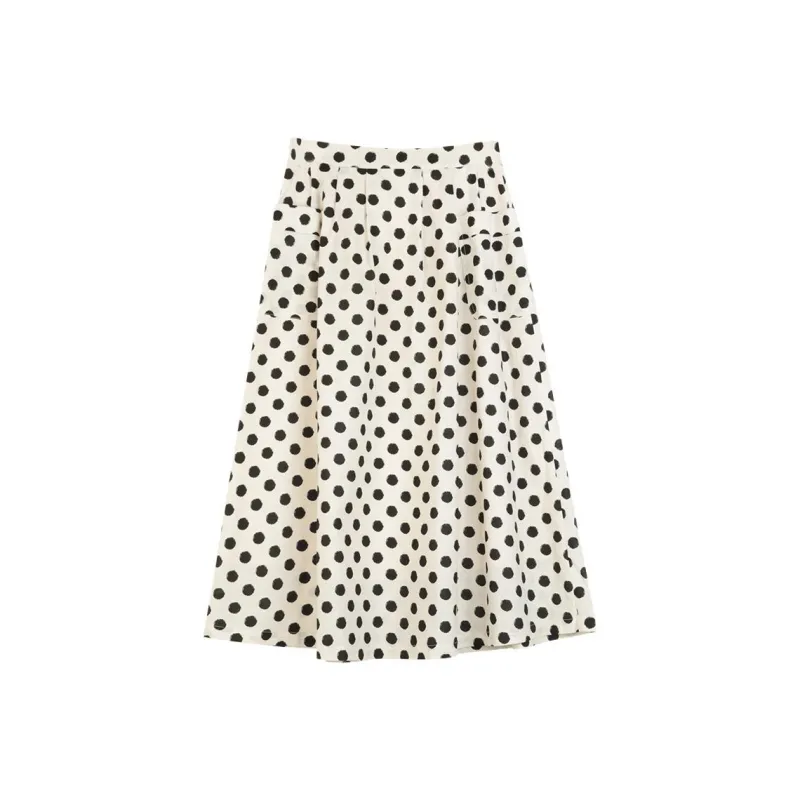 SOLIGHTER Casual Long Skirt Women's Beige With Black Polka Dots-0