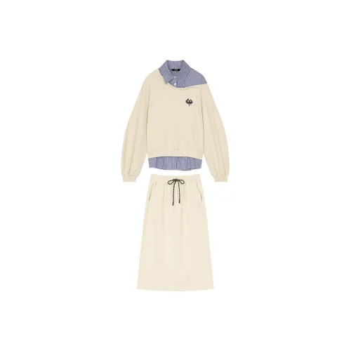 ELF SACK Skirt Set Women's Blue White Stripes Khaki