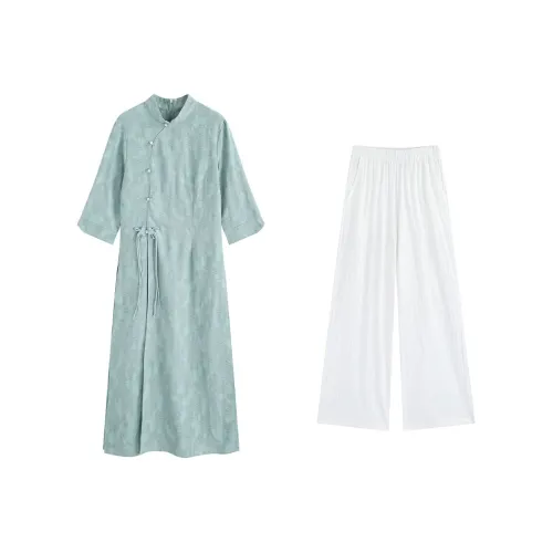 Garbege Cheongsams Women's White Pants Green Robe Set