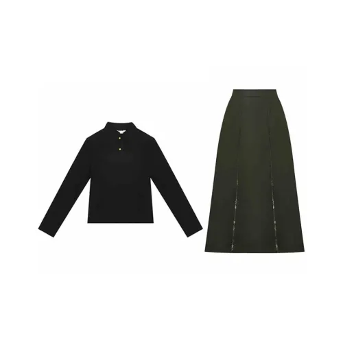 Weaving Division 스탠드 카라 니트웨어 + 개조된 Three Pleat 스커트 여성 투피스 스커트 세트