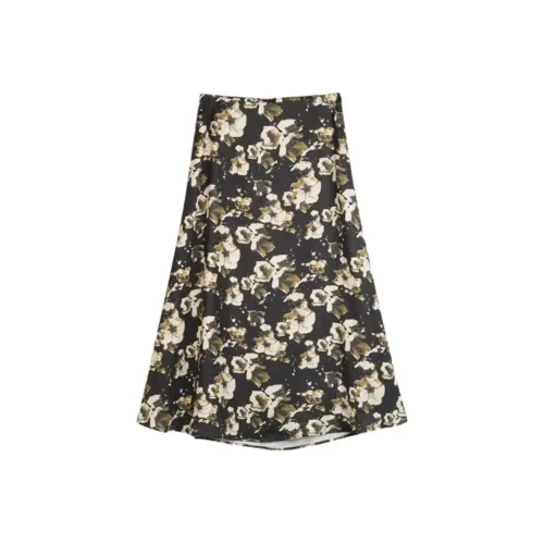 SOLIGHTER Casual Long Skirt Women's Dark Umber Green Floral