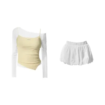 SECFLY OFFICIAL Skirt Set Women's Shoulder Strap T Shirt With Small Top+Floral Skirt