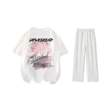 Clothing Set (White T-Shirt+White Heather Gray Casual Pants)