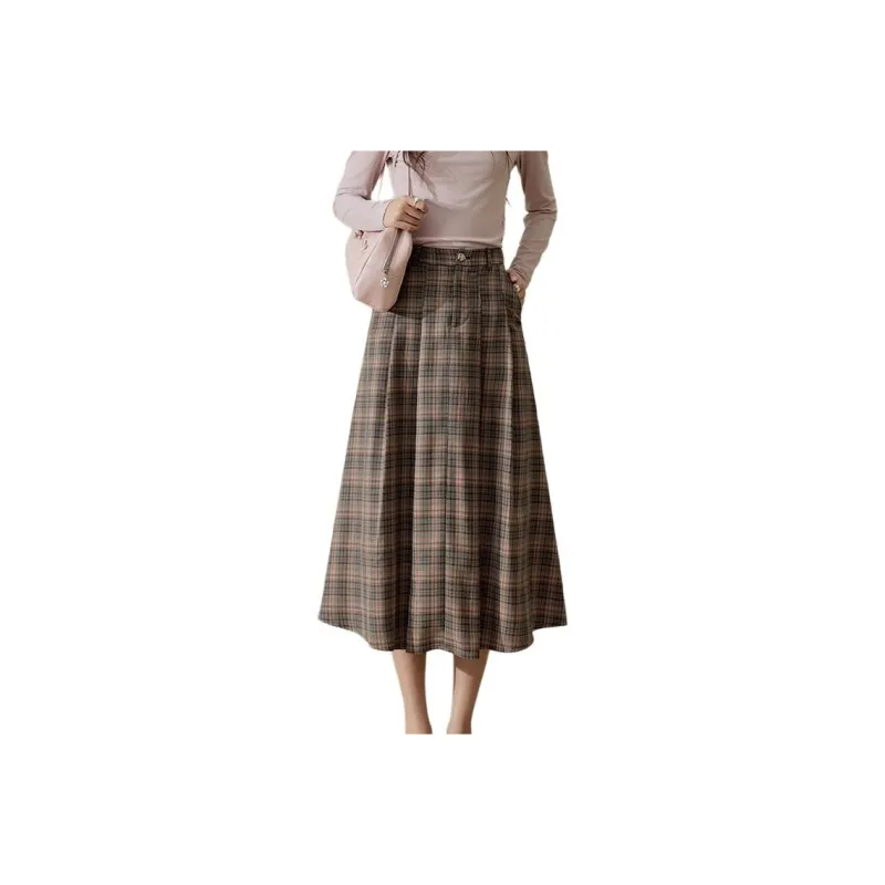 MISHOW Casual Long Skirts Women's Coffee Plaid-0