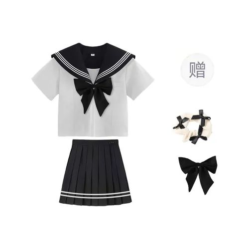TORIGHT Skirt Set Women's Black And White Shirt+Skirt+Bowknot Hair Tie+Bow Tie Comes With