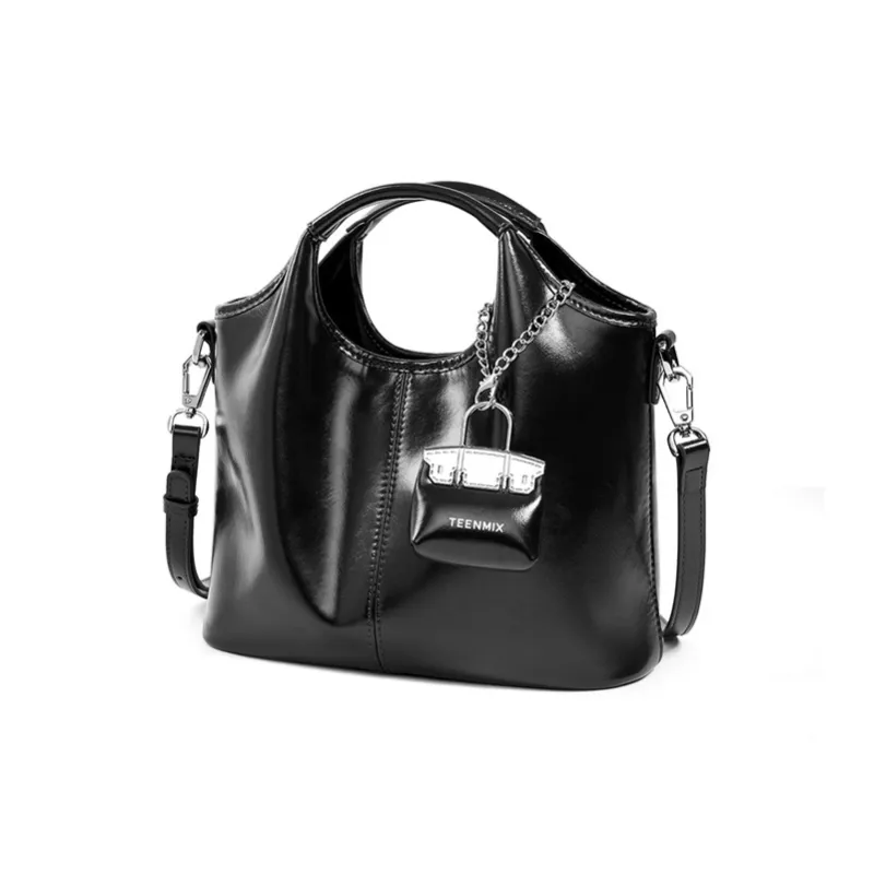 Teenmix Split Cow Leather Shoulder Bag, Crossbody Bag, Handbag Medium Size Women's Black/Coffee-1