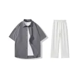 Clothing Set (Medium Gray Short-Sleeved Shirt+White Heather Gray Casual Pants)