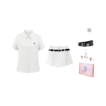 Tokyo Season Uniforms Women's Gift Box Set, White Polo Shirt+White Pleated Skirt Pants With Belt+Hanger