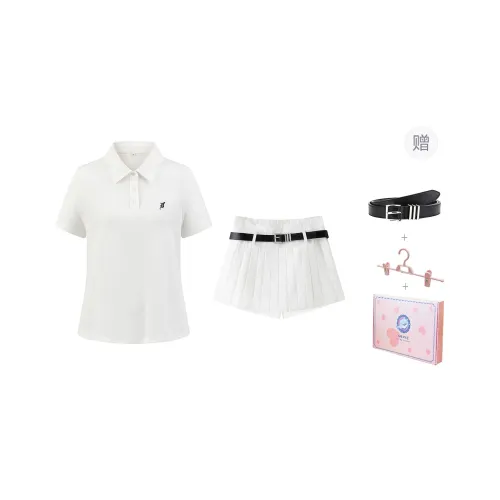 Tokyo Season Uniforms Women's Gift Box Set, White Polo Shirt+White Pleated Skirt Pants With Belt+Hanger