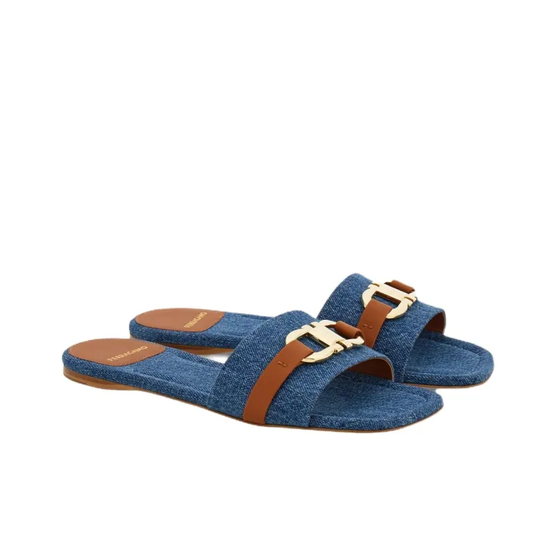 FERRAGAMO GANCINI Slide Slippers Women's Blue-1