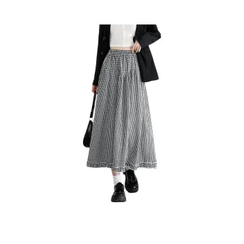 FAWENXIANGZI Casual Long Skirt Women's Black White Plaid