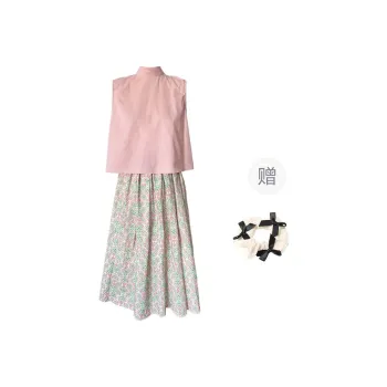 TURN UP Skirt Set Women's Set Pink Green Two Piece Set+Bowknot Hair Tie Comes With