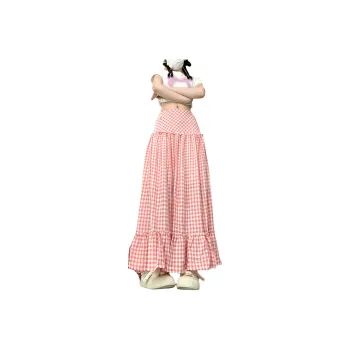 Mu Xiao Xin Casual Long Skirt Women's Pink Plaid