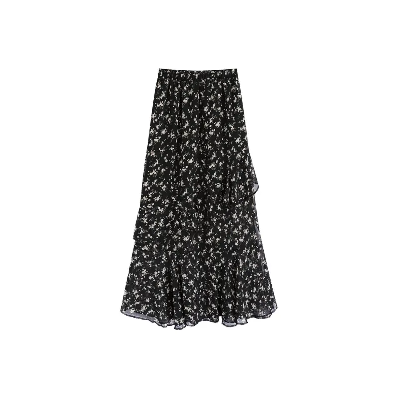 Garbege Casual Long Skirts Women's Black Floral-0