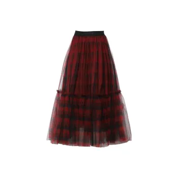 DPLAY Casual Long Skirt Women's Red Black Plaid