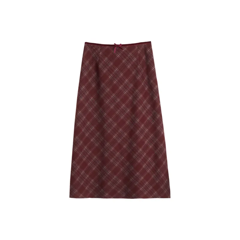 Olrain Casual Long Skirts Women's Red Plaid-0