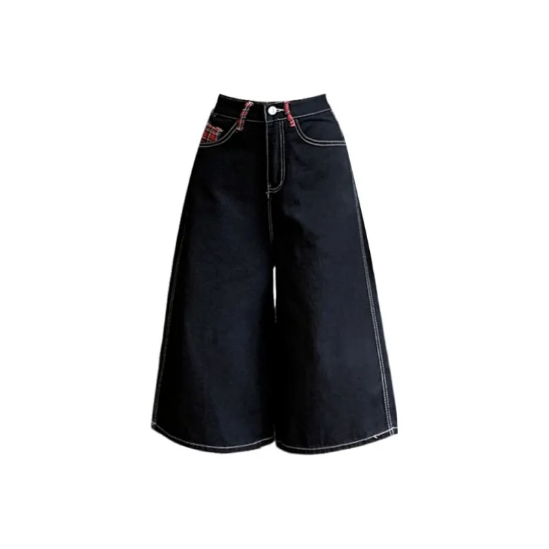 DATOUXIAYUBUCHOU Denim Shorts Women's Black And Red Checkered Color-0