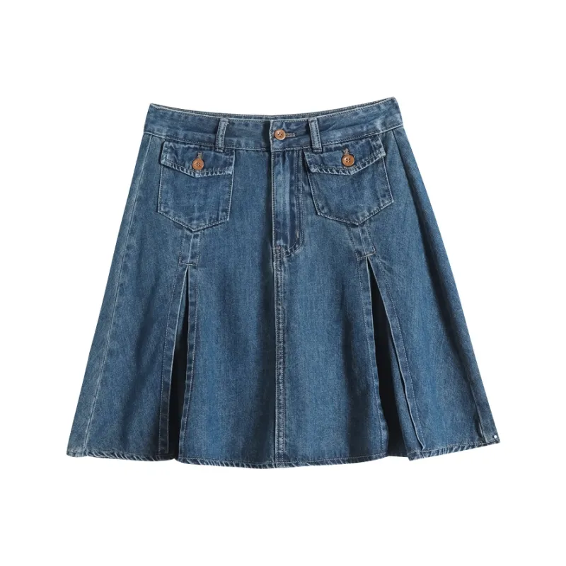 FAWENXIANGZI Denim Short Skirts Women's Vintage Blue-0