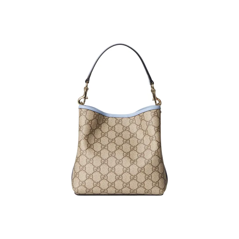GUCCI GG Emblem Coated Fabric Bucket Bag, One Shoulder Handbag Trumpets Women's Beige & Dark Brown-4