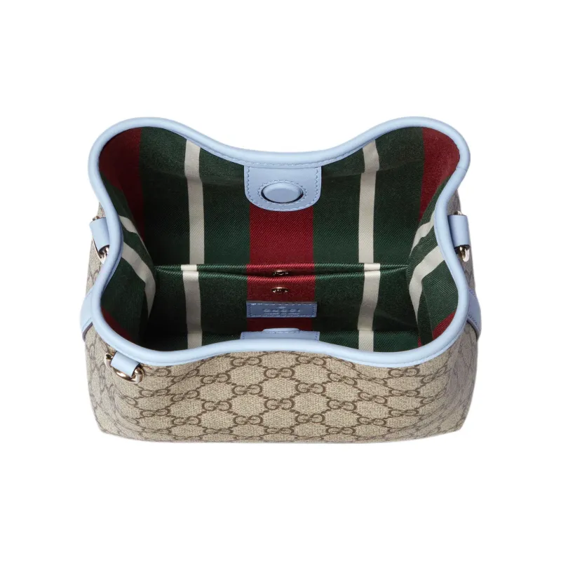 GUCCI GG Emblem Coated Fabric Bucket Bag, One Shoulder Handbag Trumpets Women's Beige & Dark Brown-5