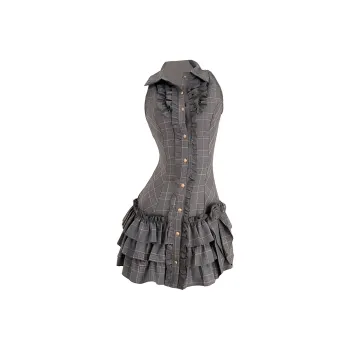 KKX Sleeveless Dresses Women's Gray Pink Plaid Skirt