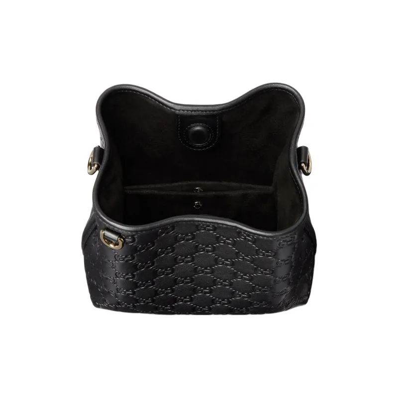 GUCCI GG Emblem Leather Bucket Bag, One Shoulder Handbag Trumpets Women's Black-5