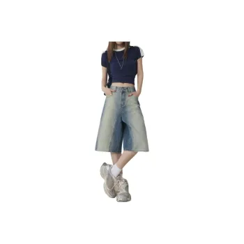 Wen Shan Denim Shorts Women's Vintage Knee Length Pants