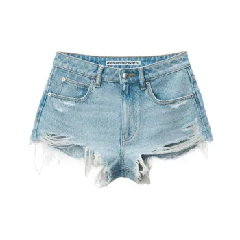 Alexander Wang Clear Bead Hotfix Distressed Denim Shorts