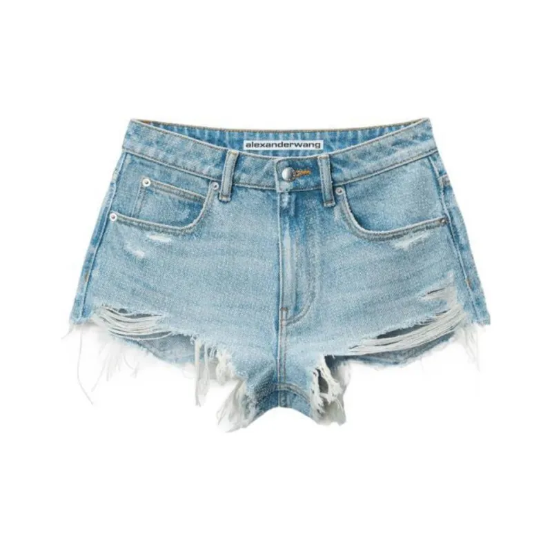 Alexander Wang Clear Bead Hotfix Distressed Denim Shorts-0