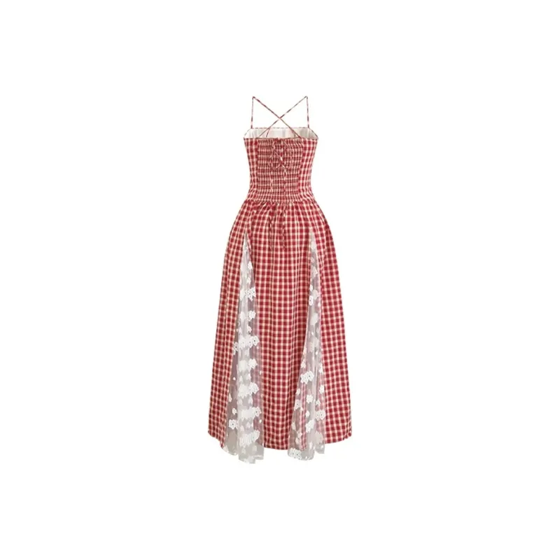 GUOZHEN Slip Dresses Women's Red Plaid-1