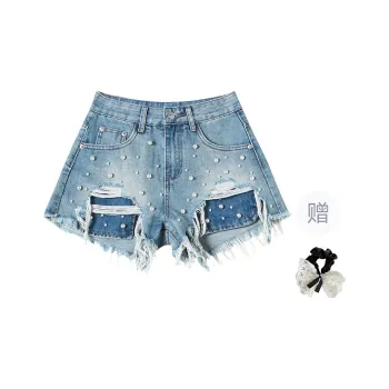 TUSHIFEI Denim Shorts Women's Light Blue+Hair Tie Included