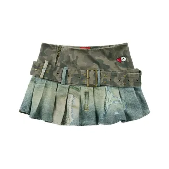 GOOD BAI Denim Short Skirts Women's Denim Blue/Green Camouflage