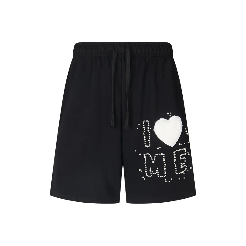 American Trendy Brand Bead Heart Letter Elastic Waistband Casual Shorts Unisex-0