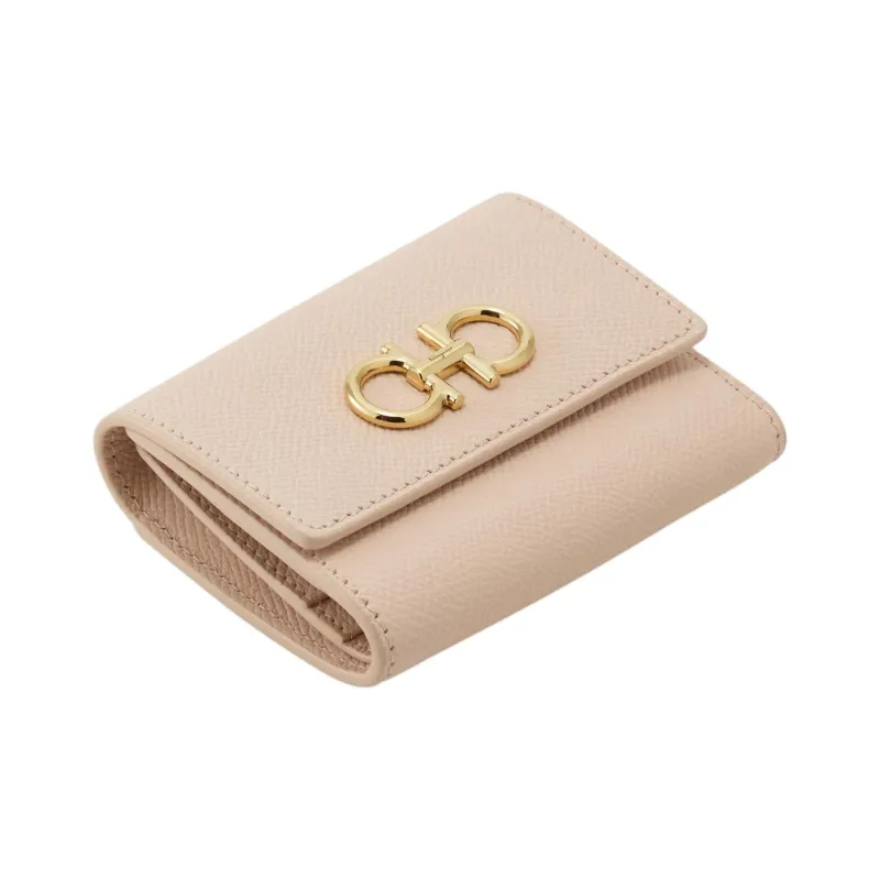 FERRAGAMO GANCINI Hammered Texture Calfskin Wallet Women's Ballet Pink-2