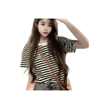 JECCI FIVE T Shirts Women's Beige Black Stripes