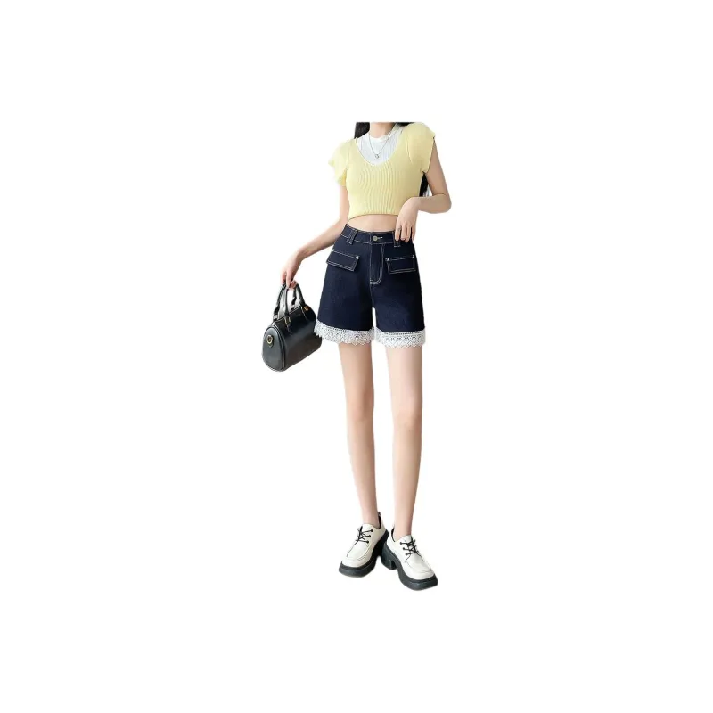 Flowers In Water Denim Shorts Women's Dark Blue-0