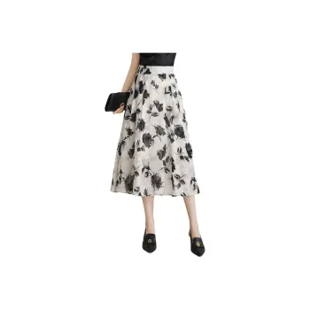 YIRANCHUN Casual Long Skirt Women's White With Black Floral