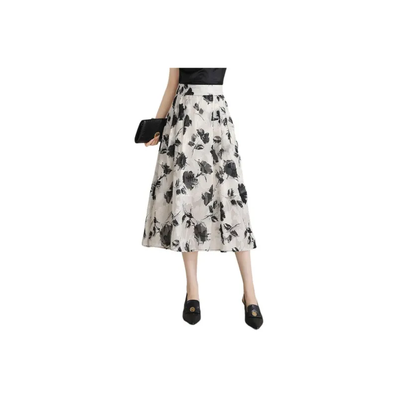 YIRANCHUN Casual Long Skirt Women's White With Black Floral-0