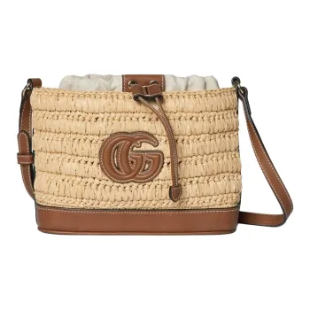 GUCCI Raffia With Leather Bucket Bag, Shoulder Bag Mini Women's Brown