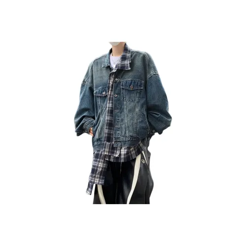 JIMI&JONS Denim Jackets Unisex Blue Gray Plaid