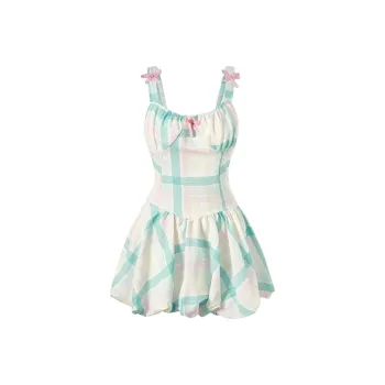 DOKZB Slip Dresses Women's Blue Pink Plaid